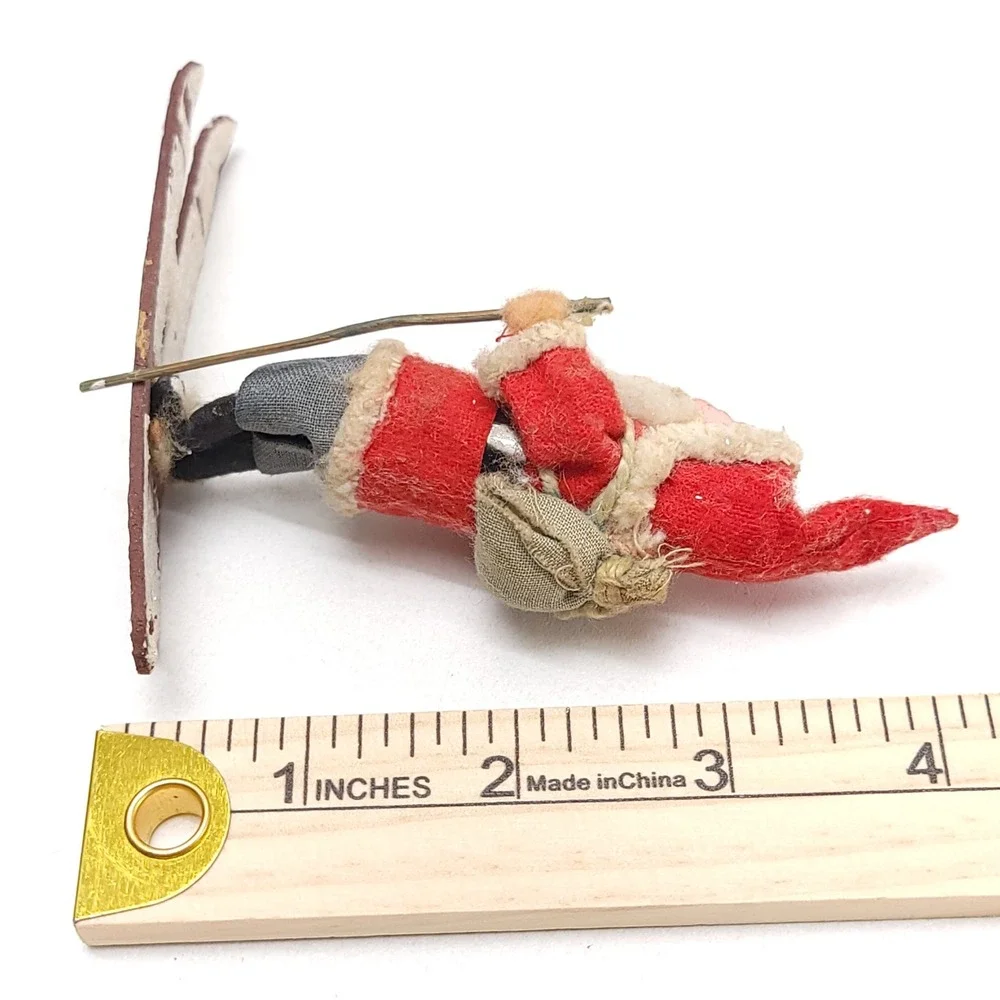 Vintage Miniature Skiing Santa Claus Figurine Felt Wood Mid Century Christmas 4